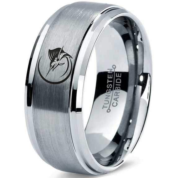 Tungsten Marlin Marlins Sea Animal Creature Fish Band Ring 8mm Men Women Comfort Fit Gray Step Bevel Edge Brushed Polished