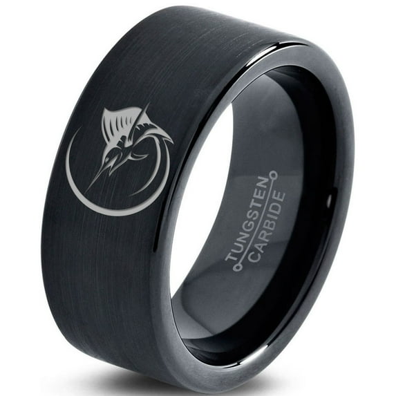 Tungsten Marlin Marlins Sea Animal Creature Fish Band Ring 9mm Men Women Comfort Fit Black Flat Cut Brushed Polished