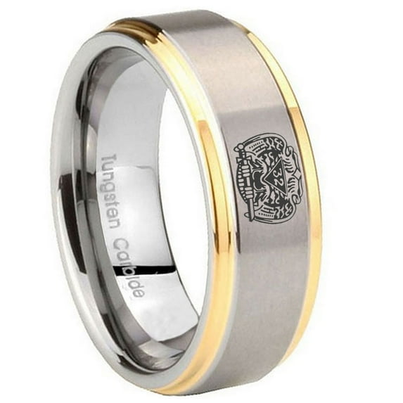 Tungsten Masonic 32 Degree Freemason 8mm Brushed Gray Gold Step Edges Men Ring