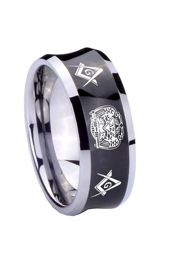 Tungsten Masonic 32 Design 8mm Brushed Black Polished Concave Men Ring