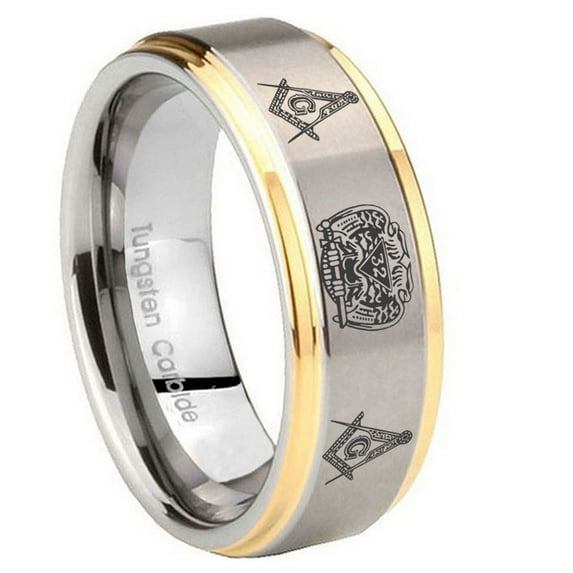 Tungsten Masonic 32 Design 8mm Brushed Gray Gold Step Edges Men Ring