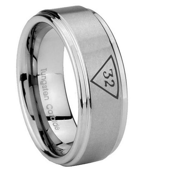 Tungsten Masonic 32 Triangle Freemason 8mm Brushed Gray Step Edges Men Ring