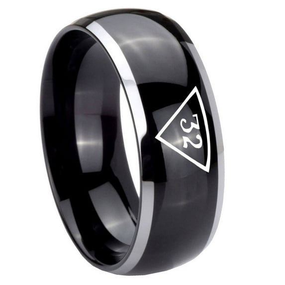 Tungsten Masonic 32 Triangle Freemason 8mm Glossy Black 2 Tone Dome Polished Edges Men Ring