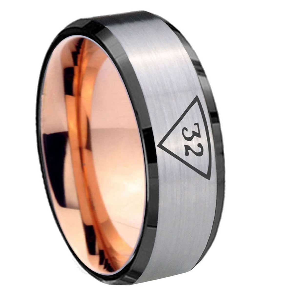 Tungsten Masonic 32 Triangle Freemason 8mm Gray And Rose Gold Beveled ...