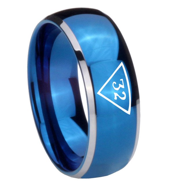 Tungsten Masonic 32 Triangle Freemason 8mm Shinny Blue Two Tone Dome Polished Edges Men Ring