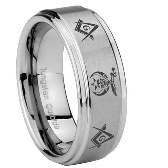 Tungsten Masonic Shriners 8mm Brushed Gray Step Edges Men Ring
