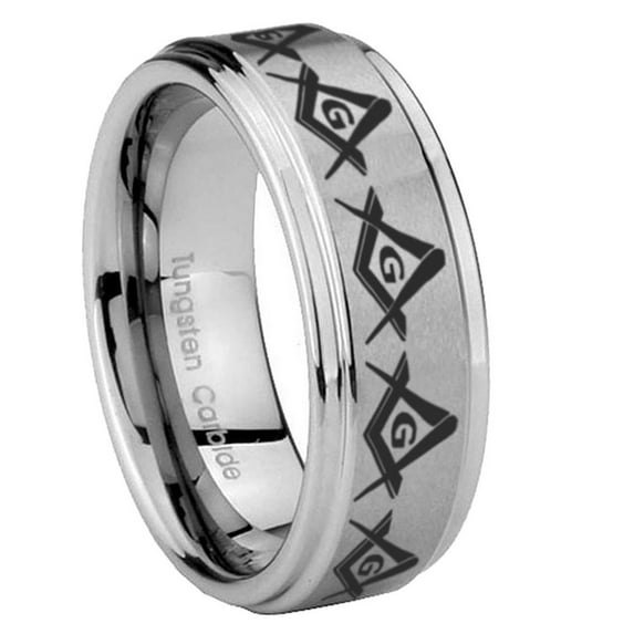 Tungsten Masonic Square 8mm Brushed Gray Step Edges Men Ring