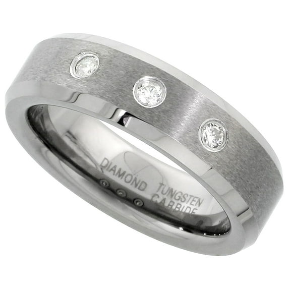 Tungsten Matte Beveled Edges 3 Stone Diamond Wedding Band Rings 6mm