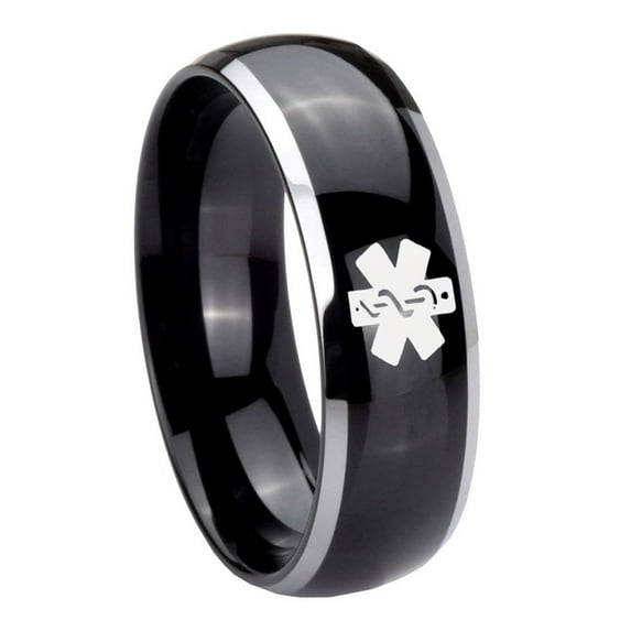 Tungsten Medical Alert 8mm Glossy Black 2 Tone Dome Polished Edges Men Ring