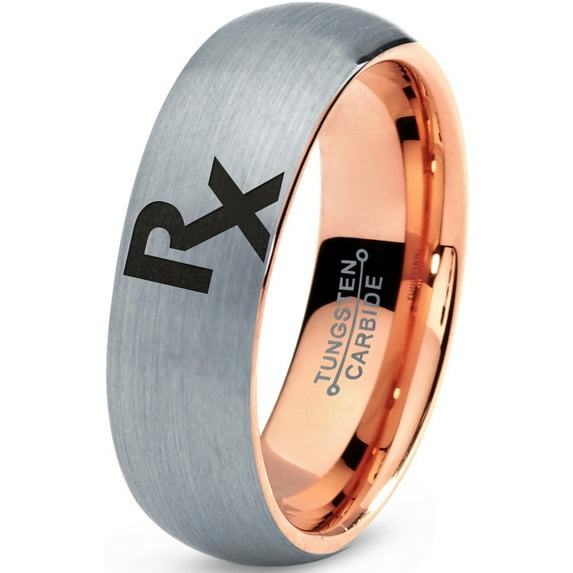 Tungsten Medical Prescription Pharmacy Symbol Band Ring 7mm Men Women Comfort Fit 18k Rose Gold Dome Brushed Gray Polished