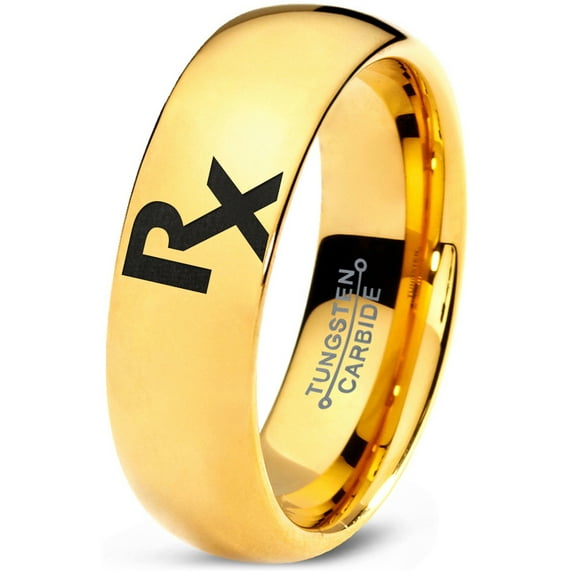 Tungsten Medical Prescription Pharmacy Symbol Band Ring 7mm Men Women Comfort Fit 18k Yellow Gold Dome Polished