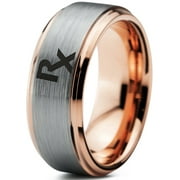 ZEALOT JEWELRY Tungsten Medical Prescription Pharmacy Symbol Band Ring 8mm Men Women Comfort Fit 18k Rose Gold Step Bevel Edge Brushed Polished