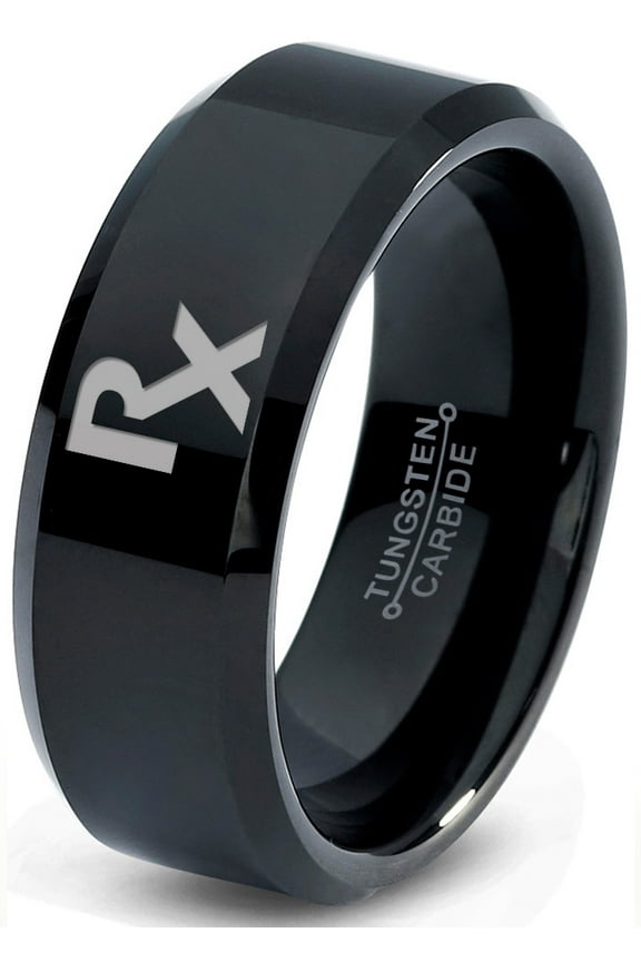 Tungsten Medical Prescription Pharmacy Symbol Band Ring 8mm Men Women Comfort Fit Black Beveled Edge Polished