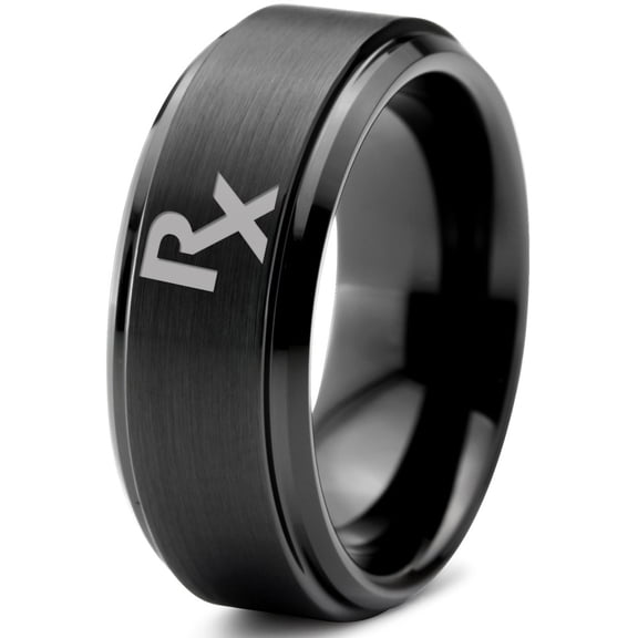 Tungsten Medical Prescription Pharmacy Symbol Band Ring 8mm Men Women Comfort Fit Black Step Bevel Edge Brushed Polished