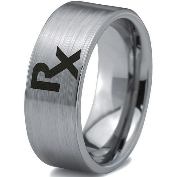 Tungsten Medical Prescription Pharmacy Symbol Band Ring 8mm Men Women Comfort Fit Gray Flat Cut Brushed Polished