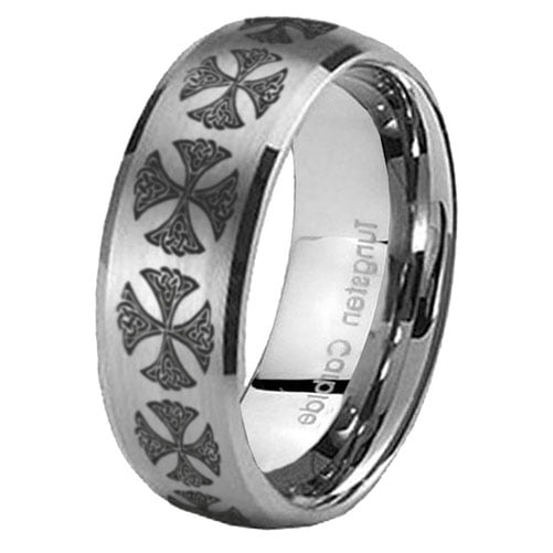 Tungsten Medieval Cross 8mm Brushed Gray Dome Polished Edges Men Ring
