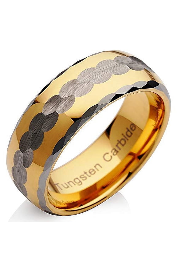 Tungsten Mens Wedding Band Two Tone Gold Silver Hammer Finish Facet Cut EDG Size 6-16 (Tungsten, 13.5)
