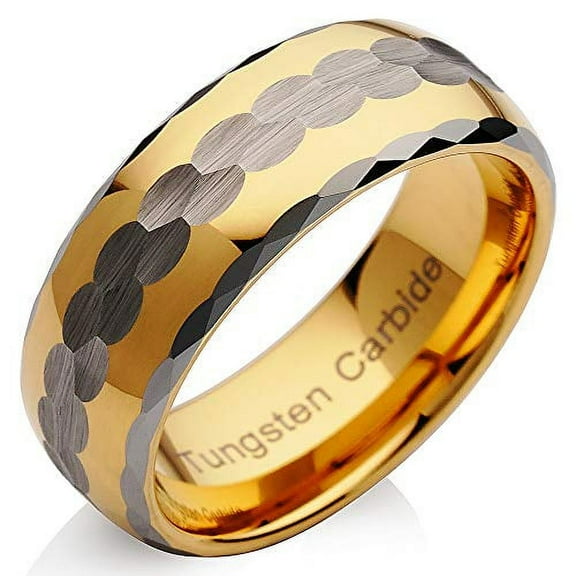 Tungsten Mens Wedding Band Two Tone Gold Silver Hammer Finish Facet Cut EDG Size 6-16 (Tungsten, 7)