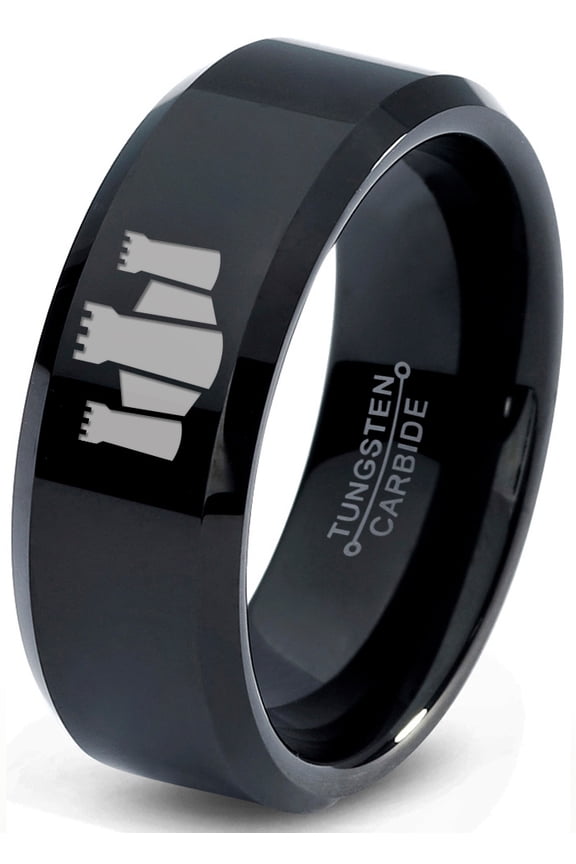 Tungsten Middle Ages Castle Fortress Band Ring 8mm Men Women Comfort Fit Black Beveled Edge Polished