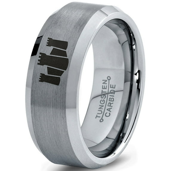 Tungsten Middle Ages Castle Fortress Band Ring 8mm Men Women Comfort Fit Gray Step Bevel Edge Brushed Polished
