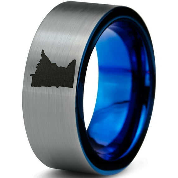 Tungsten Minnesota North Star State Band Ring 8mm Men Women Comfort Fit Blue Flat Cut Brushed Gray Polished