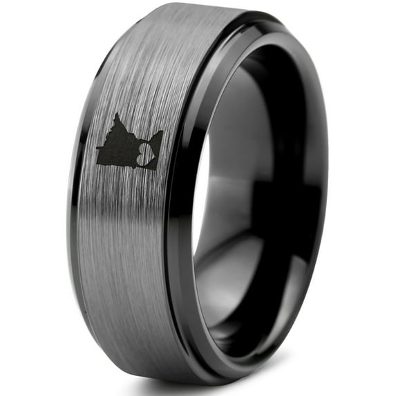 Tungsten Minnesota North Star State Heart Band Ring 8mm Men Women Comfort Fit Black Step Bevel Edge Brushed Gray Polished