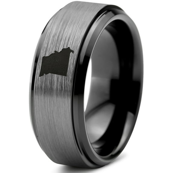 Tungsten Missouri Show Me State Band Ring 8mm Men Women Comfort Fit Black Step Bevel Edge Brushed Gray Polished