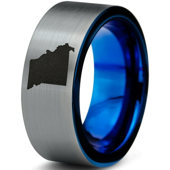 Tungsten Missouri Show Me State Band Ring 8mm Men Women Comfort Fit Blue Flat Cut Brushed Gray Polished