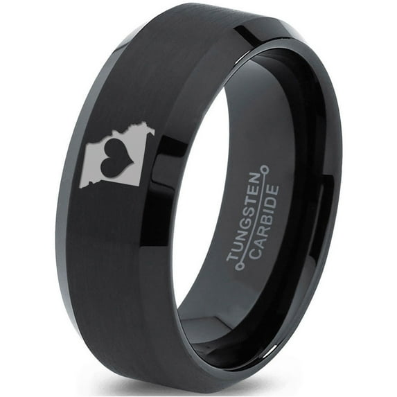 Tungsten Missouri Show Me State Heart Band Ring 8mm Men Women Comfort Fit Black Beveled Edge Brushed Polished