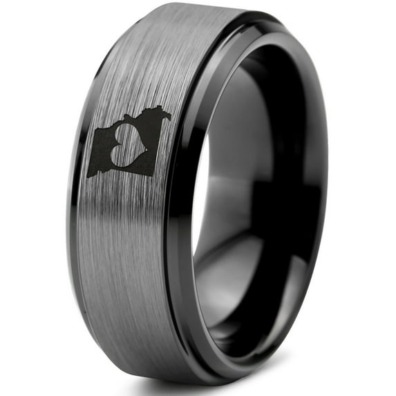 Tungsten Missouri Show Me State Heart Band Ring 8mm Men Women Comfort Fit Black Step Bevel Edge Brushed Gray Polished