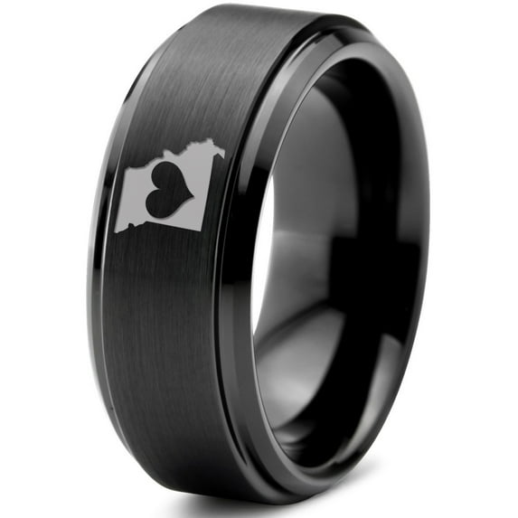 Tungsten Missouri Show Me State Heart Band Ring 8mm Men Women Comfort Fit Black Step Bevel Edge Brushed Polished
