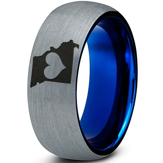 Tungsten Missouri Show Me State Heart Band Ring 8mm Men Women Comfort Fit Blue Dome Brushed Gray Polished