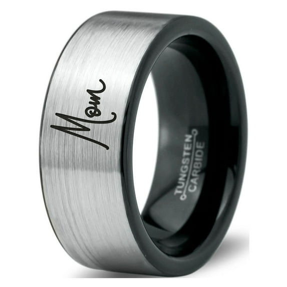 Tungsten Mom Typography Writing Band Ring 8mm Men Women Comfort Fit Brushed Gray Flat Cut Black Polished