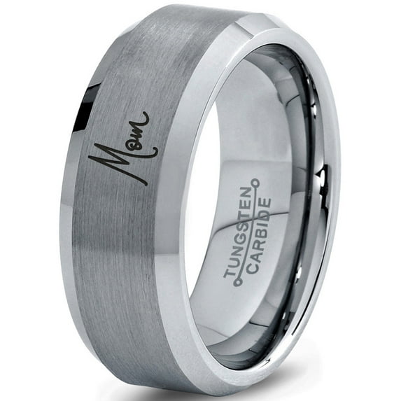 Tungsten Mom Typography Writing Band Ring 8mm Men Women Comfort Fit Gray Step Bevel Edge Brushed Polished