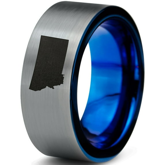 Tungsten Montana The Treasure State Band Ring 8mm Men Women Comfort Fit Blue Flat Cut Brushed Gray Polished
