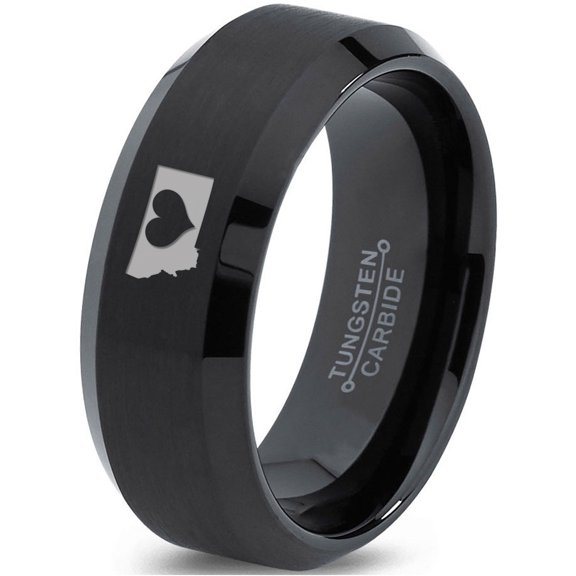 Tungsten Montana The Treasure State Heart Band Ring 8mm Men Women Comfort Fit Black Beveled Edge Brushed Polished