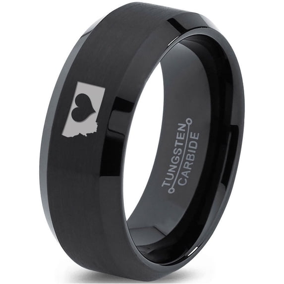 Tungsten Montana The Treasure State Heart Band Ring 8mm Men Women Comfort Fit Black Beveled Edge Brushed Polished