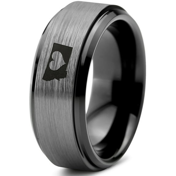Tungsten Montana The Treasure State Heart Band Ring 8mm Men Women Comfort Fit Black Step Bevel Edge Brushed Gray Polished