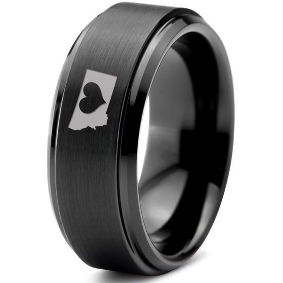 Tungsten Montana The Treasure State Heart Band Ring 8mm Men Women Comfort Fit Black Step Bevel Edge Brushed Polished