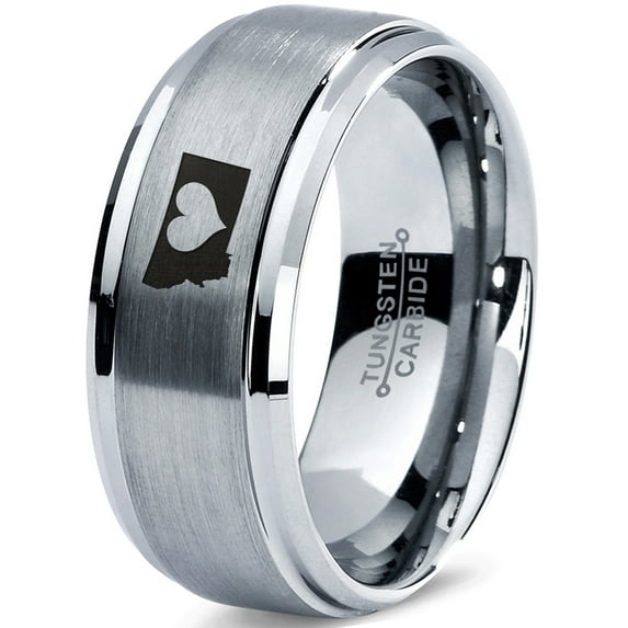 Tungsten Montana The Treasure State Heart Band Ring 8mm Men Women Comfort Fit Gray Step Bevel Edge Brushed Polished