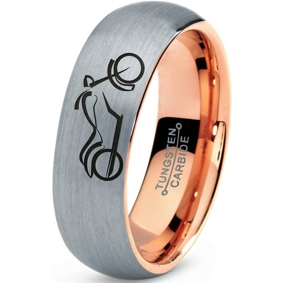 Tungsten Motorcycle Bike Motor Bicycle Band Ring 7mm Men Women Comfort Fit 18k Rose Gold Dome Brushed Gray Polished