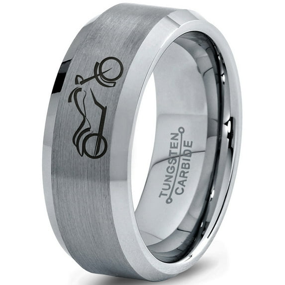 Tungsten Motorcycle Bike Motor Bicycle Band Ring 8mm Men Women Comfort Fit Gray Bevel Edge Brushed Polished