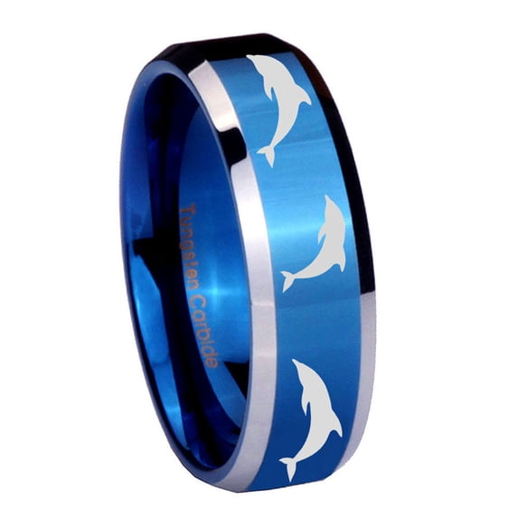 Tungsten Multiple Dolphins 8mm Glossy Blue Two Tone Polished Beveled Edges Men Ring