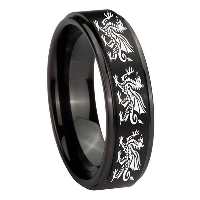Tungsten Multiple Dragon 8mm Brushed Black Polished Step Edges Men Ring