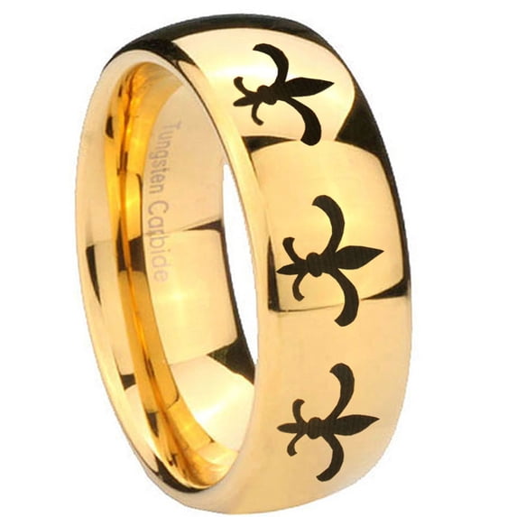 Tungsten Multiple Fleur De Lis 8mm Glossy 18K Yellow Gold Dome Polished Men Ring