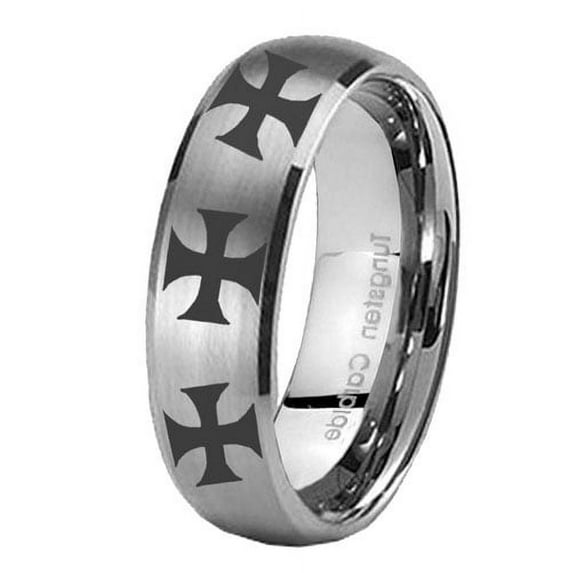 Tungsten Multiple Maltese Cross 8mm Brushed Gray Dome Polished Edges Men Ring