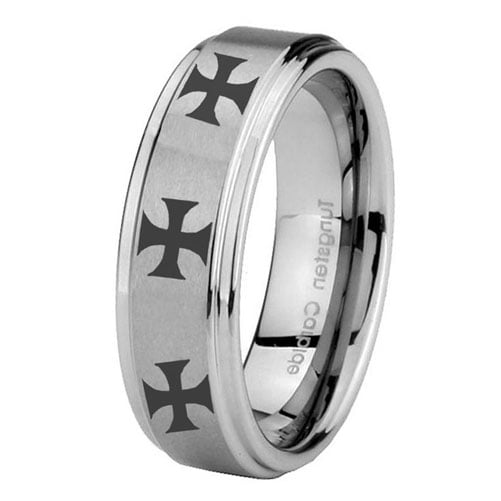 Tungsten Multiple Maltese Cross 8mm Brushed Gray Step Edges Men Ring