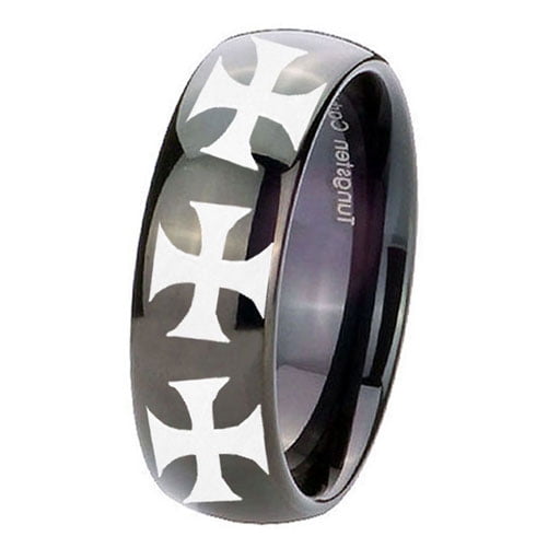 Tungsten Multiple Maltese Cross 8mm Glossy Black Polished Dome Men Ring