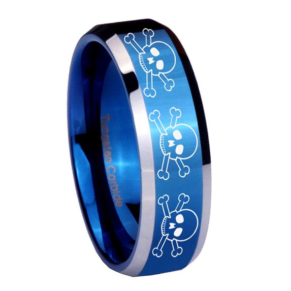 Tungsten Multiple Skull 8mm Glossy Blue Two Tone Polished Beveled Edges Men Ring