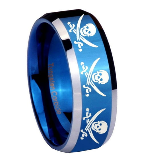 Tungsten Multiple Skull Pirate 8mm Glossy Blue Two Tone Polished Beveled Edges Men Ring